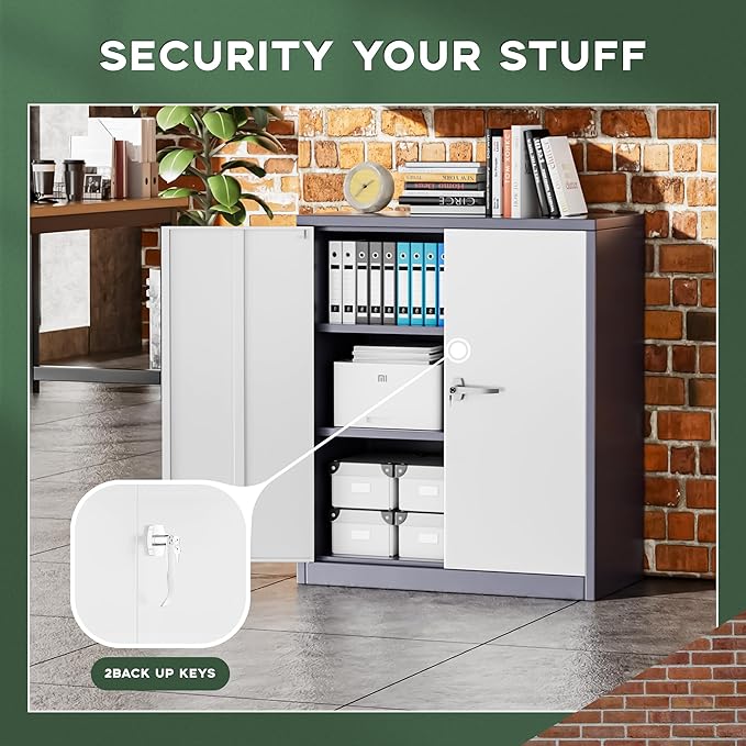 Greenvelly Metal Storage Cabinet, 36" Locking Storage Cabinet with Doors and Shelves, Lockable Storage Cabinets for Home Office, Utility Locker Cabinet, Steel Garage Cabinet with 2 Keys, White Grey