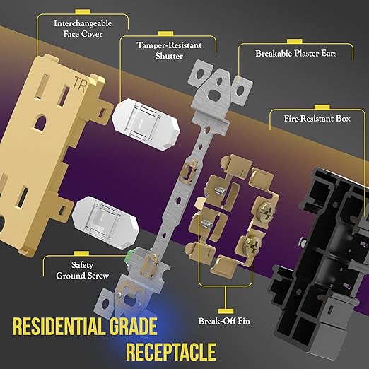 ENERLITES Elite Series Decorator Receptacle Outlet Child Safe Tamper-Resistant, Gloss Finish, Self-Grounding, 2-Pole, Residential Grade, 15A 125V, UL Listed, 61501-TR-GD-10PCS, Gold (10 Pack)