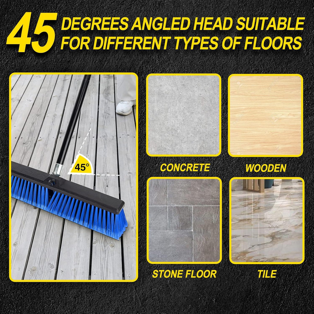 18 Inches Outdoor Push Broom Heavy Duty Shop Broom with 63" Long Handle for Deck Driveway Garage Yard Patio Concrete Floor Cleaning(Blue)