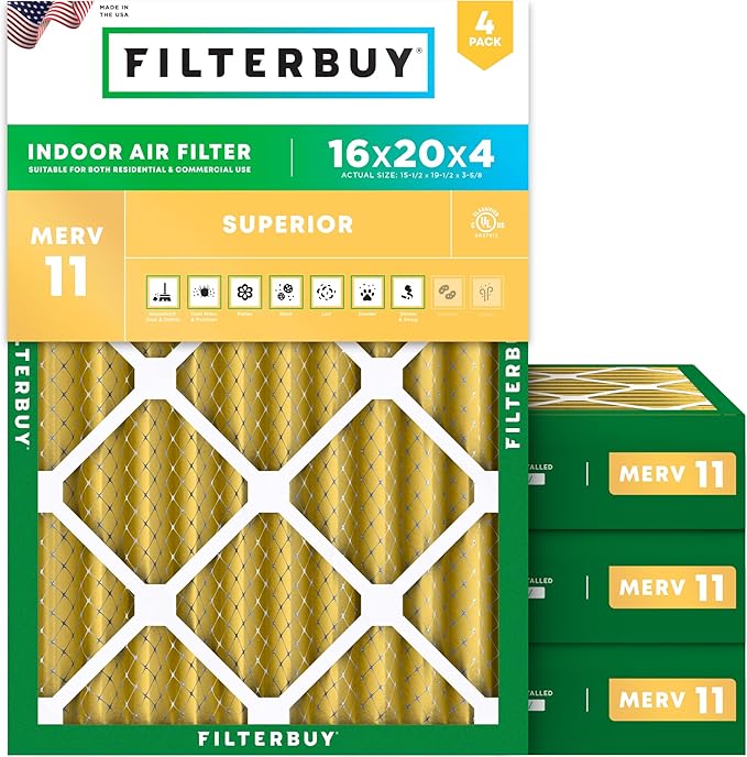 Filterbuy 16x20x4 Air Filter MERV 11 (MPR 1200) Allergen Defense Replacement (4-Pack), Electrostatic Pleated HVAC AC Furnace Filters, Made in USA (Actual Size: 15.50 x 19.50 x 3.63)