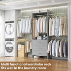 Aheaplus Closet System, Closet Organizer with 3 Wooden Drawers, Closet Organizer System, Walk-in Closet Wardrobe Clothes Rack with 4 Hanging Rods, Garment Rack, -4R, Grey