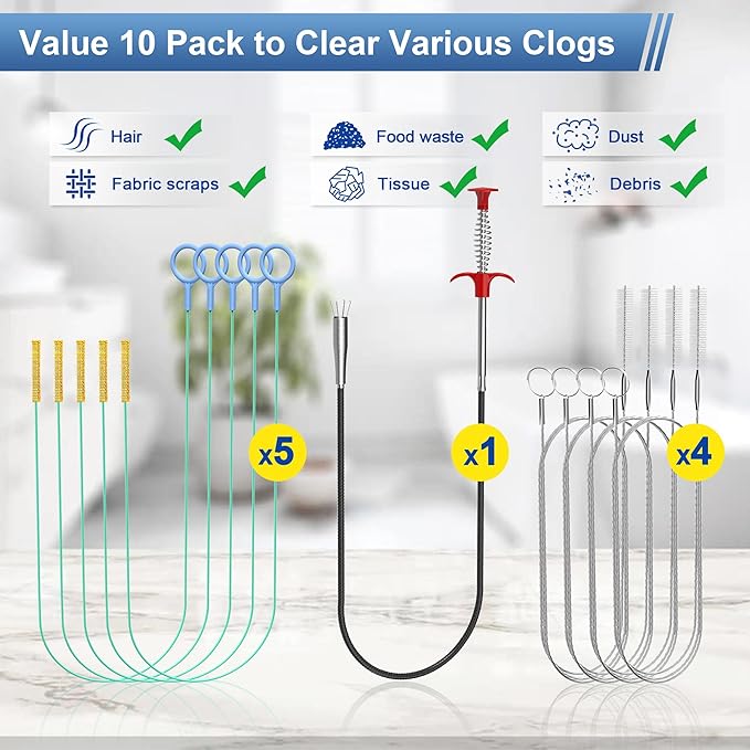 Drain Snake Clog Remover Tool: 5 × 30 Inch Sink Snake + 1 × 35.5 Inch Drain Cleaner Tool + 4 × 59 Inch Tube Drain Brush for Shower, Toilet, Bathroom Sink & Tub (10 Pack)