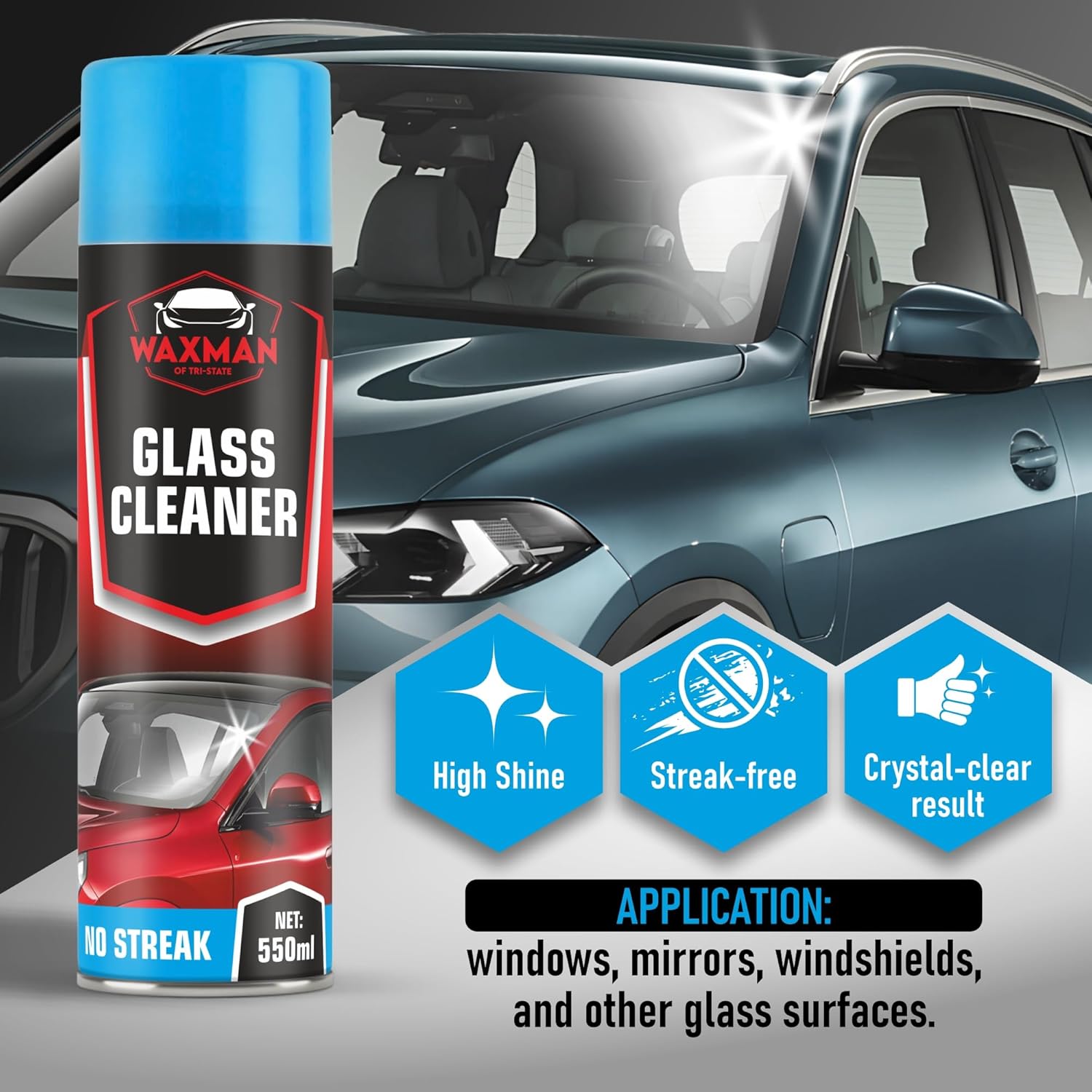 Foaming Glass Cleaner Spray – 550ml Aerosol No-Streak Foam – Powerful Cleaner for Car, Window & Mirror – Crystal Clear Shine, Tackles Tough Grime