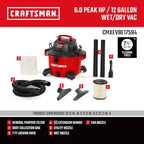 CRAFTSMAN CMXEVBE17594 12 Gallon 6.0 Peak HP Wet/Dry Vac, Portable Shop Vacuum with Attachments