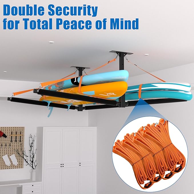 Double Paddleboard and Surfboard Garage Ceiling Storage Racks, Adjustable Height Overhead Storage Ladder Hanger, Heavy Duty Kayak Ceiling Storage with Fix Straps, Holds 200 lbs, Black