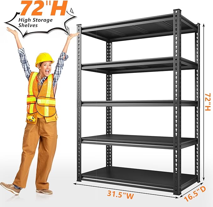 REIBII 72'' Storage Shelves 2050LBS Garage Shelving Heavy Duty 5-Tier Metal Shelving Adjustable Garage Shelves for Storage,Basement, Warehouse,72" H*31.5" W*16.5" D, 2PC