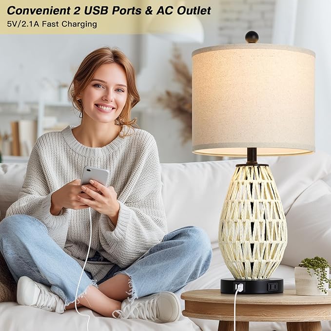 White Rattan Table Lamps Set of 2, 3 Way Dimmable Touch Control Bedside Lamp for Nightstand with 2 USB Ports and AC Outlet, Woven Wicker Bedroom Lamp, Boho Farmhouse Lamps for Living Room End Table