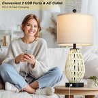 White Rattan Table Lamps Set of 2, 3 Way Dimmable Touch Control Bedside Lamp for Nightstand with 2 USB Ports and AC Outlet, Woven Wicker Bedroom Lamp, Boho Farmhouse Lamps for Living Room End Table