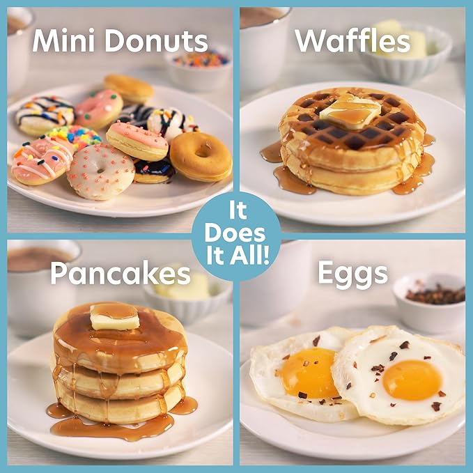 3 in 1 Mini Breakfast Maker- Make Mini Waffles Donuts Pancakes or Eggs all in 1 Multi Use Appliance- Easily Swap & Clean Interchangeable Griddle Plates- Small Electric Nonstick Holiday Baker Xmas Gift