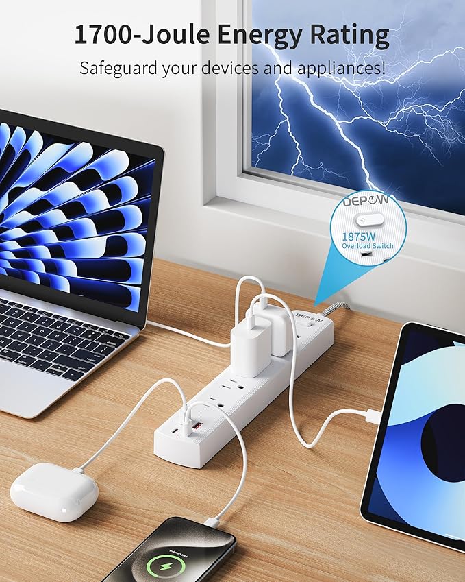 2 Prong Power Strip, 2 to 3 Prong Outlet Adapter with 5 AC & 4 USB Ports (2 USB C), 5FT Braided Cord, 1700J Two Prong Surge Protector, Wall Mountable, Ideal for Old House Non-Grounded Outlets