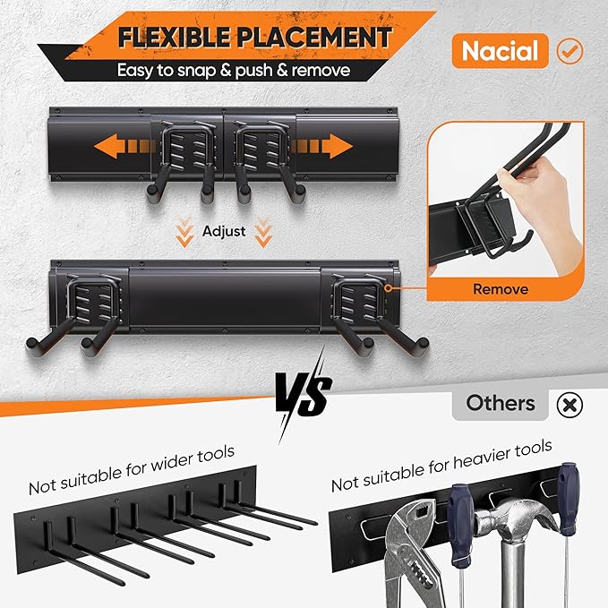 Garden Tool Organizer Wall Mount, 64 inches Tool Storage Rack with Adjustable Hooks, 600lbs Adjustable Heavy Duty Metal Hooks, Yard Shed Rack Holder System Hanging Rake Broom Mop Snowboard, Men Gift