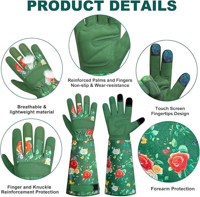 DLY Gardening Gloves,Leather Rose Gloves,Women's Long Glove for Gardening Work and Yard Work,Durable and Comfortable(Small, Green