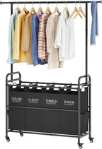 Tajsoon Laundry Sorter Cart with Hanging Clothes Rack, 4 Butler Sorter Basket Organizer, Laundry Hamper Cart with Heavy Duty Rolling Lockable Wheels, Black