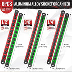 Magnetic Socket Organizer, 6-Piece Heavty Duty Aluminum Socket Holder, Socket Rail for Tool Box, Premium Quality 360° Swivel Socket Rack with 80 Clips for 1/2, 3/8, 1/4-Inch(Red&Green)