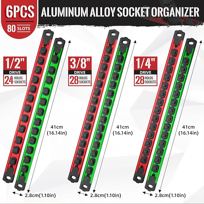 Magnetic Socket Organizer, 6-Piece Heavty Duty Aluminum Socket Holder, Socket Rail for Tool Box, Premium Quality 360° Swivel Socket Rack with 80 Clips for 1/2, 3/8, 1/4-Inch(Red&Green)