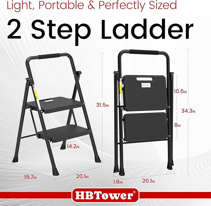 HBTower Step Ladder, Folding Step Stool with Wide Anti-Slip Pedal, Sturdy Steel Ladder, Convenient Handrail, Lightweight, Portable Steel Step Stool