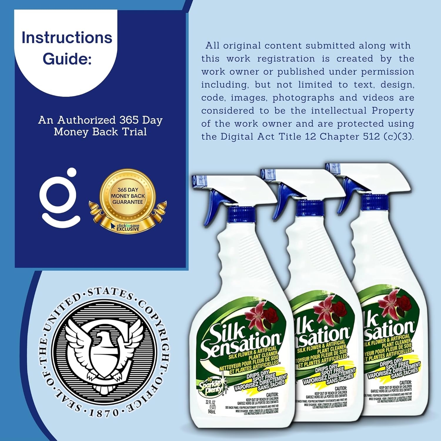 Sparkle Plenty Silk Sensation Artificial Flower & Plant Leaf Cleaner - Fake Flower Dusting Spray - Silk Plant Cleaner Spray No Wipe - Drip Dry Cleaning Supplies for Artificial Tree (32 oz, 3 Pack)