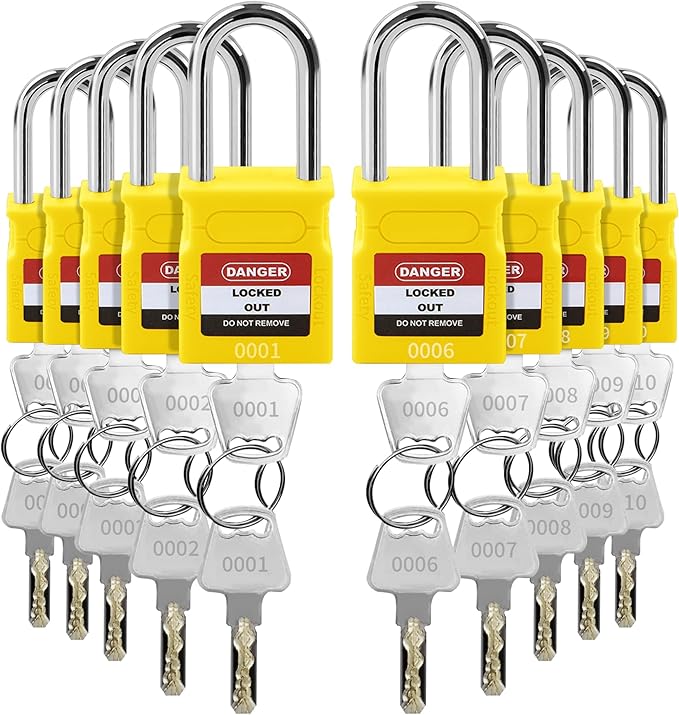 Lockout Tagout Locks - 10 Pack Yellow Loto Locks, Keyed Differ Padlock OSHA Compliant Lock Out Tag Out Lock, Safety Padlocks for Electrical Lockout Tag Out Kits