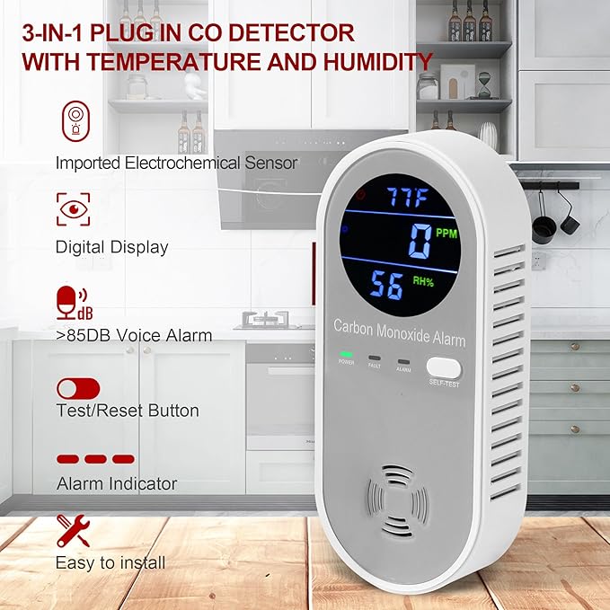 Plug in Carbon Monoxide Detector, Carbon Monoxide Alarm, 3-in-1 Real-time Digital Display CO Level, Fahrenheit(°F) & Humidity, Co Detector Monitor for Home,RV,Apartment