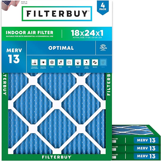 Filterbuy 18x24x1 Air Filter MERV 13 (MPR 1900) Health Defense Replacement (4-Pack), Electrostatic Pleated HVAC AC Furnace Filters, Made in USA (Actual Size: 17.38 x 23.38 x 0.75)