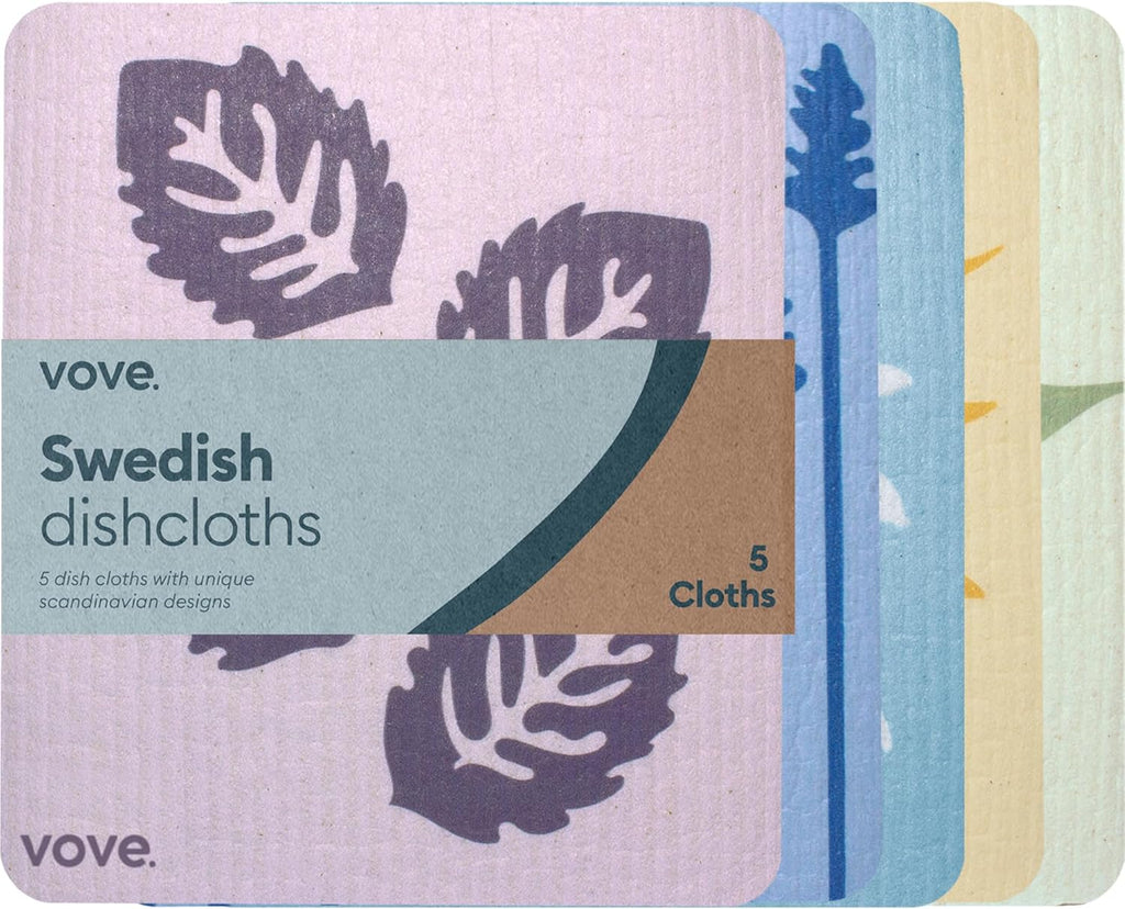Vove Swedish Dishcloths 5-Pack, Nordic Nature - FSC Certified Cellulose & Cotton, Oeko-TEX Standard 100, Reusable Washable Kitchen Cleaning Cloths, Eco Friendly Floral Design