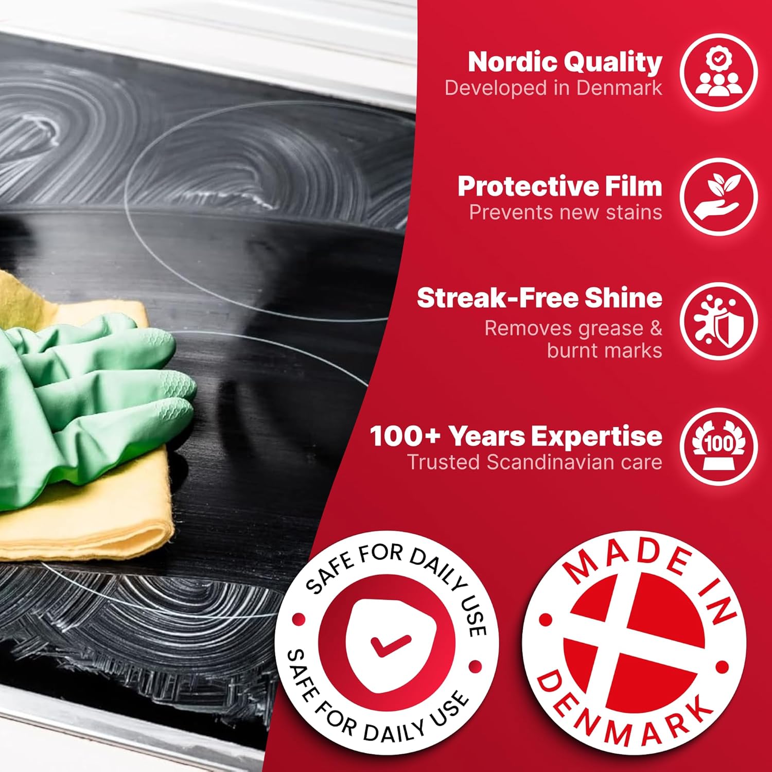 Nordicare Stove Top Cleaner Glass Ceramic - Induction Cooktop Cleaner Polish And Protector For Everyday Use - No Scrubbing Pad Needed - Leaves Protective Film - Made In Denmark (8.45oz)