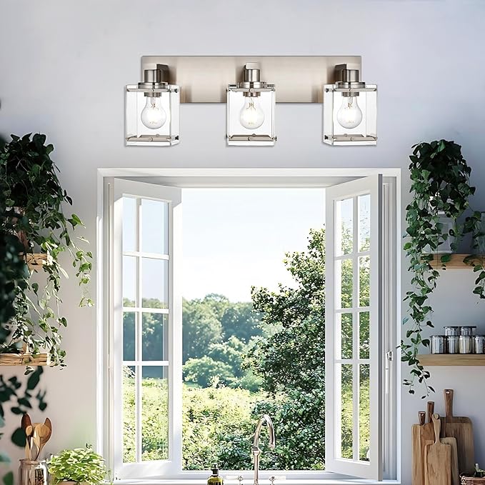 3-Lights Bathroom Wall Light Fixtures E26 Bulb Base, Brushed Nickel Vanity Lighting Fixtures Over Mirror with Clear Glass Shades for Living Room Hallway Kitchen