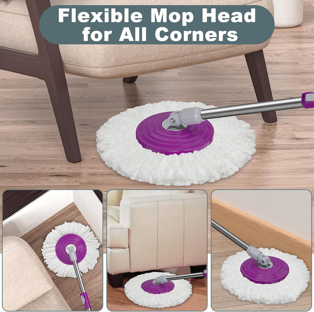 Dual Compartment Spin Mop and Bucket, Mop and Bucket with Wringer Set,360°Rotating Spinning Mopping for Floor Cleaning with 3 Microfiber Replacement Heads, 61" Extended Handle, 2X Wheel