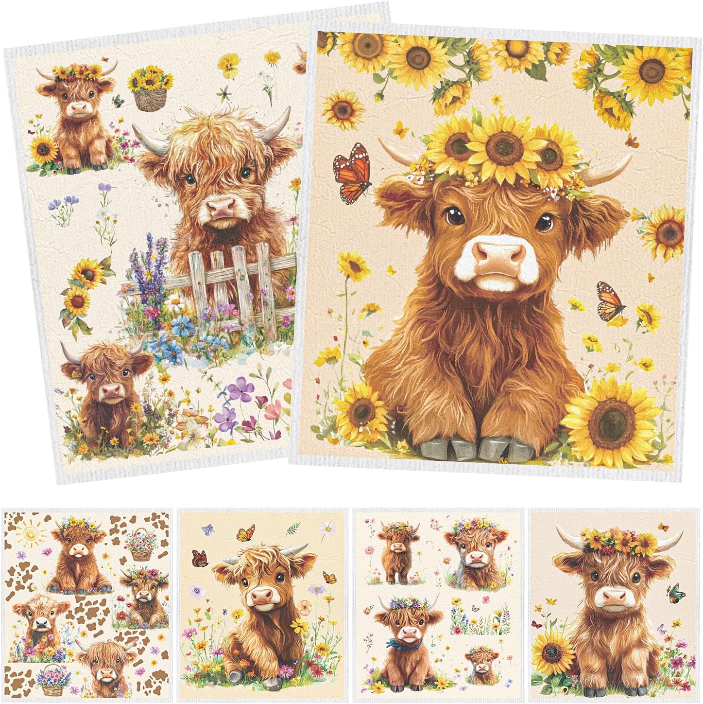Swedish Dishcloths for Kitchen, 6PCS Floral Highland Cow Swedish Dish Cloths Gift Set, Reusable Washable Absorbent Dish Towel for Home Cleaning