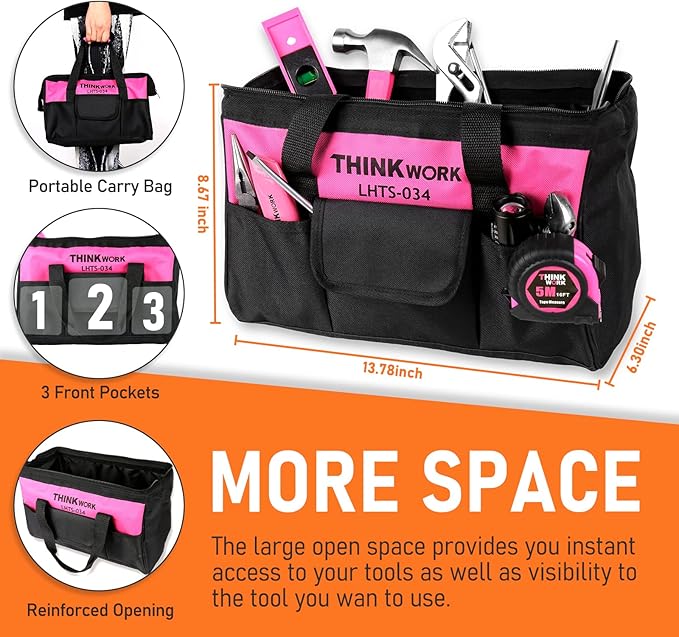 THINKWORK Pink Tool Set - 207 Piece Lady's Portable Home Repairing Tool Kit with 13'' Wide Mouth Open Storage Tool Bag, Perfect for DIY, Home Maintenance - Christmas Gift for Women, LHTS-034