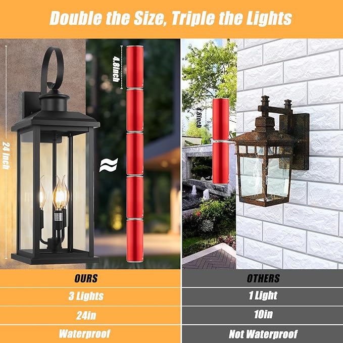 Large Outdoor Wall Light Fixture: 24in Black 3-Light Modern Porch Lantern, Waterproof Exterior Lighting Sconce Wall Mount, Outside Lamp for House Garage E12 Base