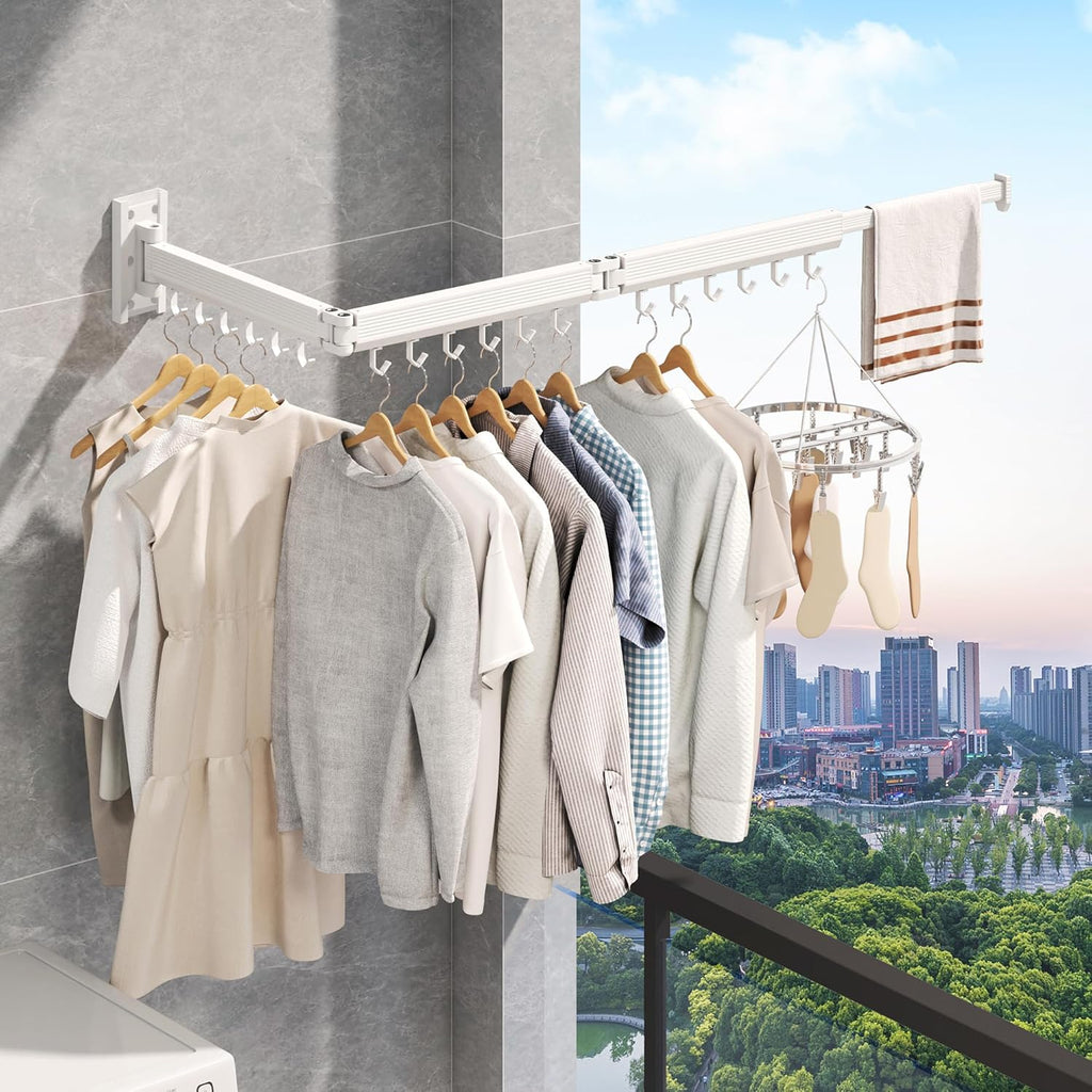 Laundry Rack Wall Mounted,Clothes Drying Rack,Drying Rack Clothing,Clothes Rack,Laundry Hanger Rack,Laundry Drying Rack,Drying Rack Wall Mounted,Retractable ,Collapsible,White Color（J-type Hooks）