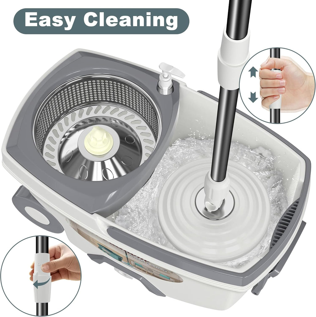 Mop and Bucket with Wringer Set,Spin Mop and Bucket System, Mops for Floor Cleaning,Household Supplies Tools with 3 Replacement Refills,61" Extended Handle for Household Hardwood Floor - White