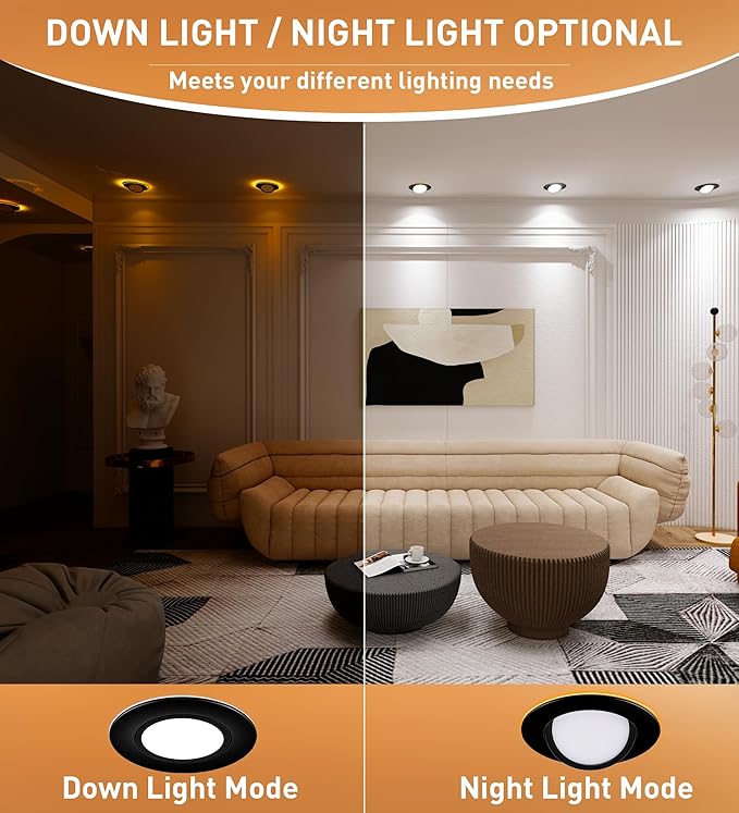 [4 Pack] CLOUDY BAY 6 inch 5 Color Swivel LED Gimbal Recessed Light with Night Light,12W CRI80+ 850LM,2700K/3000K/3500K/4000K/5000K,Canless Angled Adjustable Ceiling Downlight,Black