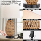 Touch Control Rattan Table Lamps, 3 Way Dimmable Bedside Lamps for Bedroom Set of 2 with 2 USB Ports and AC Outlet, Wicker Nightstand Lamps for Living Room (LED Bulbs Included)
