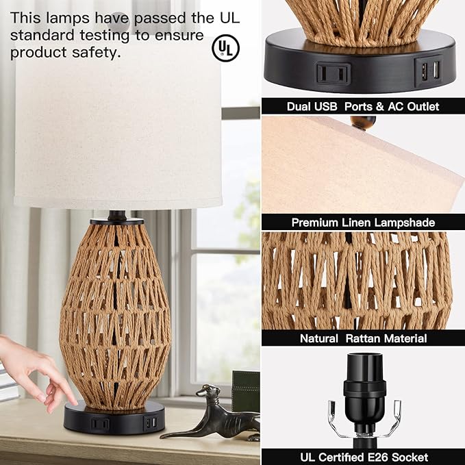 Touch Control Rattan Table Lamps, 3 Way Dimmable Bedside Lamps for Bedroom with 2 USB Ports and AC Outlet, Wicker Nightstand Lamps for Living Room Home Office (LED Bulbs Included)