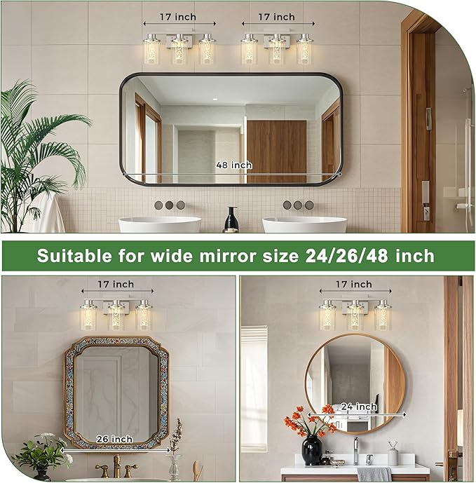 DORESshop 3-Light Brushed Nickel Bathroom Light Fixtures, Crystal LED Bathroom Lights Dimmable Light with Clear Glass Shade,Vanity Lights for Living Room 5CCT