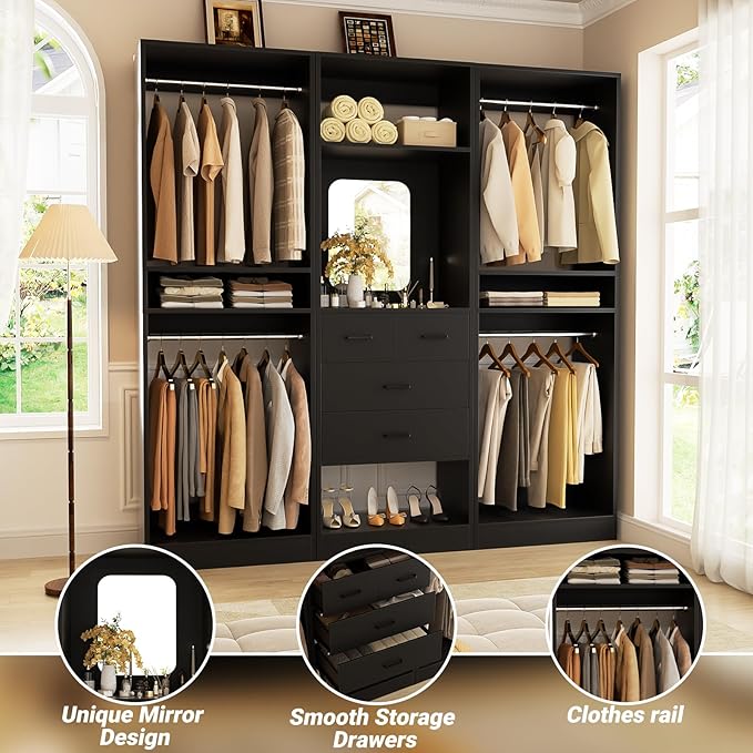 Unikito 75 Inch Walk in Closet System with 4 Drawers, 6.3FT Closet Organizer with Hanging Rods and Mirror Design, Reversible Large Closet Wardrobe with Shelves, Adjustable Closet Tower, Black