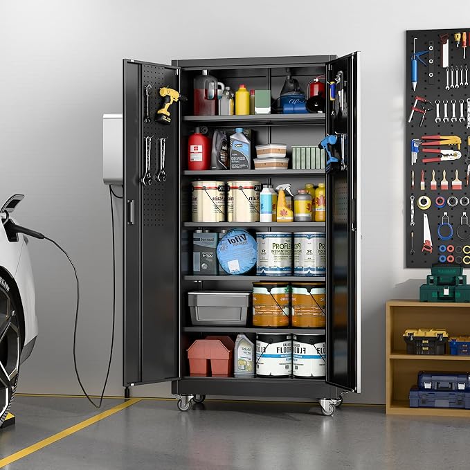 Garage Storage Cabinet with Wheels & Pegboard, 71" H×34" W×18" D Locking Metal Storage Cabinet with 2 Doors and 5 Adjustable Shelves for Garage Home, Assembly Required, Black