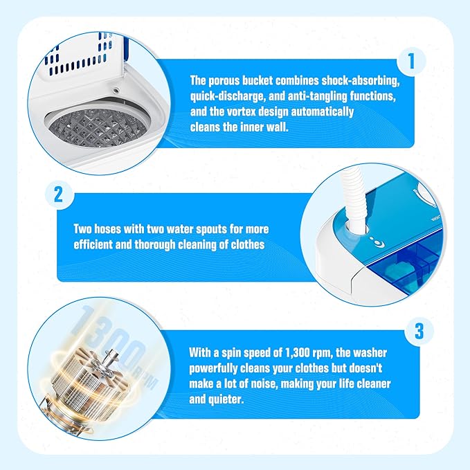 INTERGREAT Portable Washing Machine with Longer Hose, 16lbs Twin Tub Washer Mini Compact Laundry Washing Machine with Drain Pump, Semi-automatic Washer Combo for Dorms, Apartments, Blue