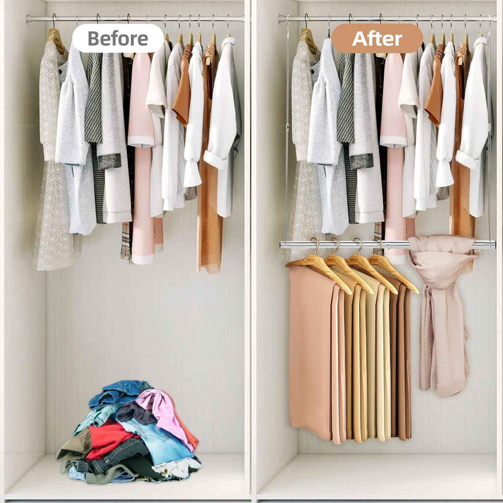 STORAGE MANIAC Hanging Closet Rod, Adjustable Width and Height Closet Hanging Organizer, Space-Saving Clothes Hanging Bar, Closet Extender Hanging Rod Double Closet Hanging Rod, 2 Pack Chrome