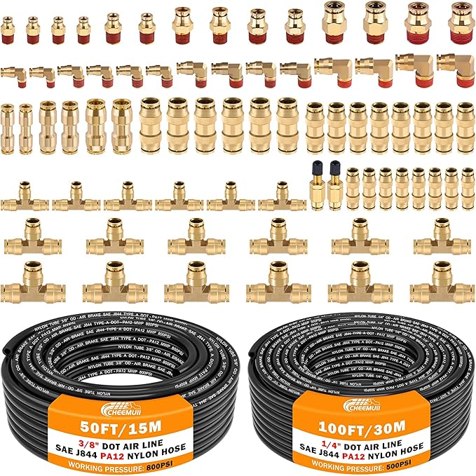 CheeMuii 76 PCS Brass DOT Air Line Fittings with 100FT 1/4" and 50FT 3/8" DOT Air Line Kit Push Lock Air Fitting Quick Connect & NPT Thread Fittings with Pneumatic Tubing Set
