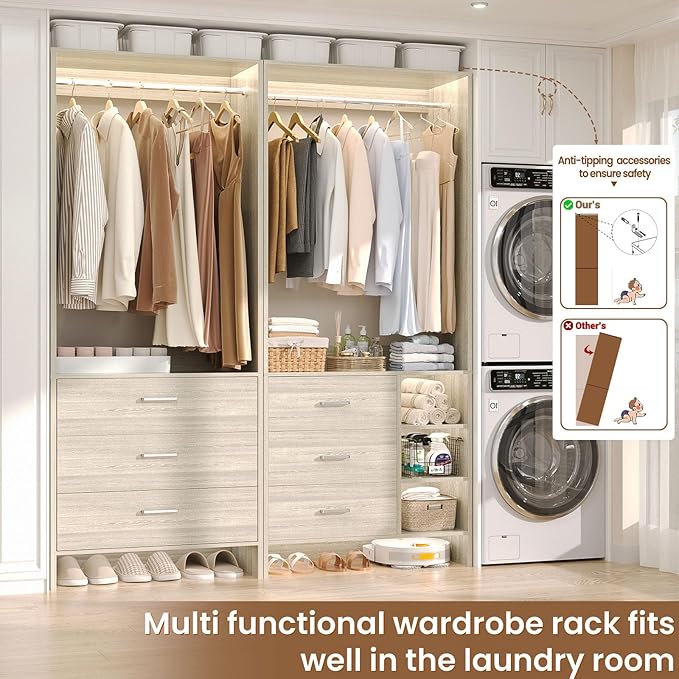 Aheaplus Closet System with 6 Drawers, 4.5ft Wood Closet Organizer System, Walk-in Closet or Small Closets Wardrobe, Clothes Rack with Hanging Rods, White Oak