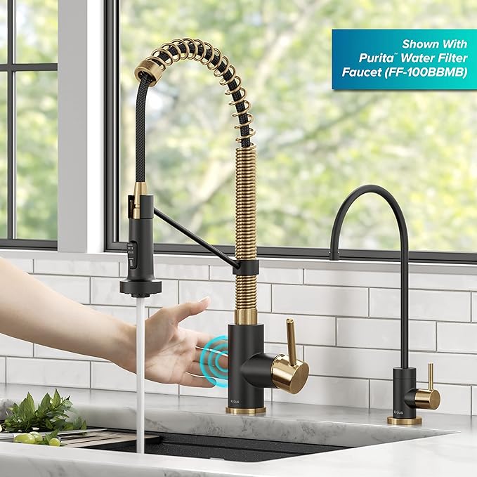 KRAUS Bolden Touchless Sensor Commercial Style 2-Function Single Handle Pull Down Kitchen Faucet in Brushed Brass/Matte Black, KSF-1610BBMB
