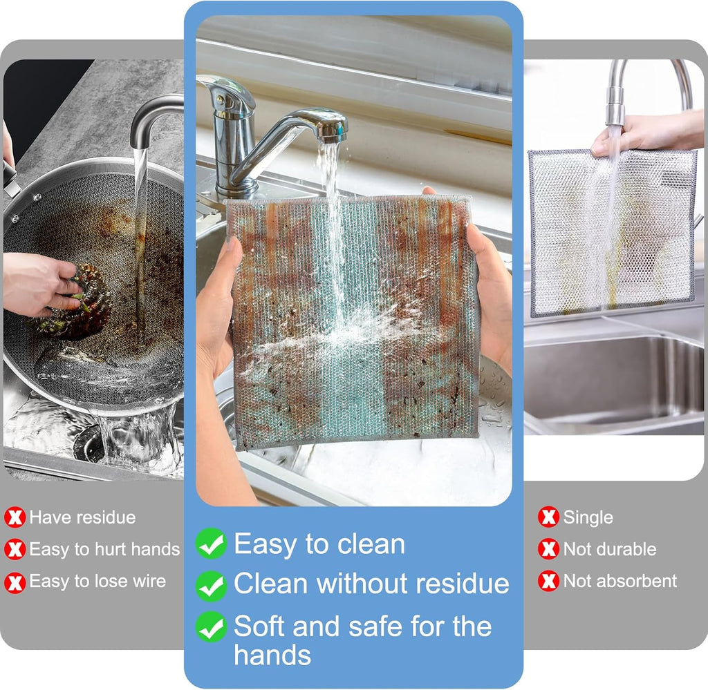 10pcs New Upgrade 2-Layer Microfiber Wire Dishcloth,Non-Scratch Wire Dishwashing Rags for Wet and Dry,Metal Scrubbers, Kitchen Miracle Cleaning Dish Rags for Cookware,Sinks, Dishes,Stove,Blue