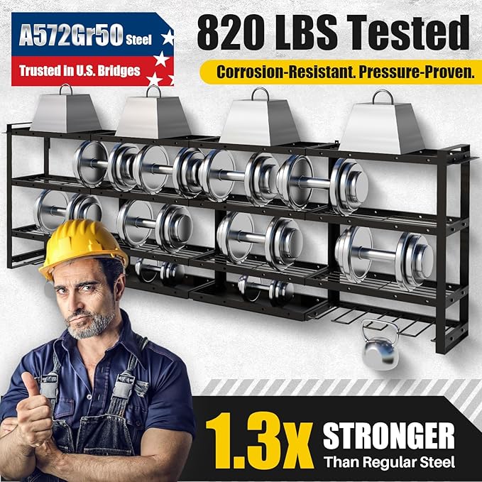 XLarge 64''W Power Tool Organizer Wall Mount | Modular&Corner-Fit 820lbs Garage Storage Rack with 8 Cordless Drill Holder | 4-Tier Heavy Duty Utility Shelf for Battery Workshop Organization