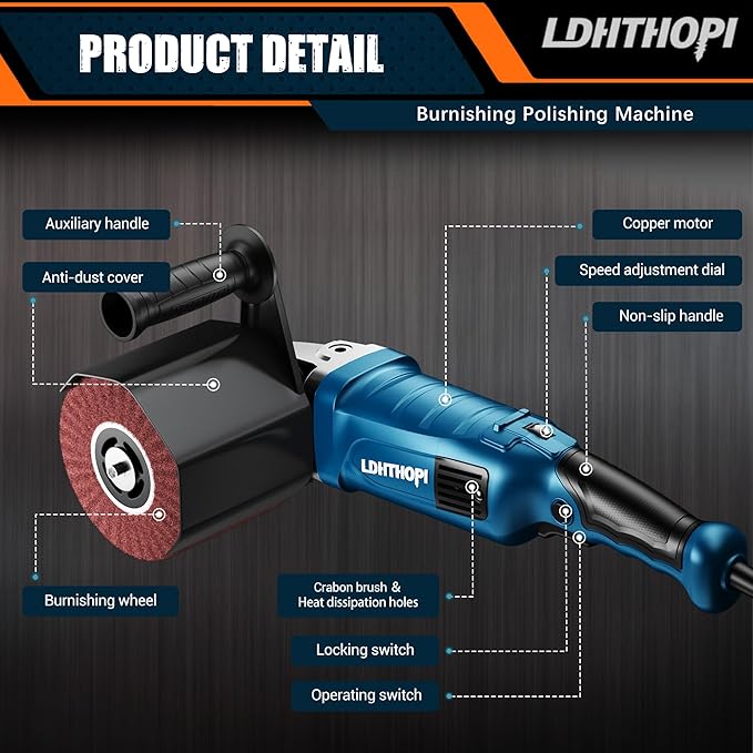 LDHTHOPI 1800W Burnishing Polishing Machine, 110V Handheld Electric Stainless Steel Polisher, 8 Variable Speed, 3100RPM for Metal with 2 Wheels, Stainless Steel, Wood