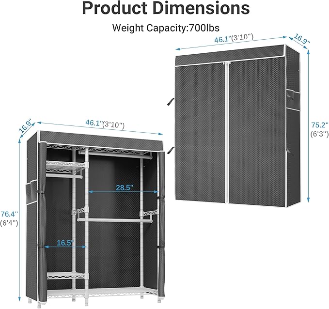 VIPEK V2C Heavy Duty Clothes Rack with Upgraded Polyester Cover, Metal Portable Closet with Adjustable Shelves & Hanging Rods, Freestanding Wardrobe Closet for Bedroom, Max Load 700LBS