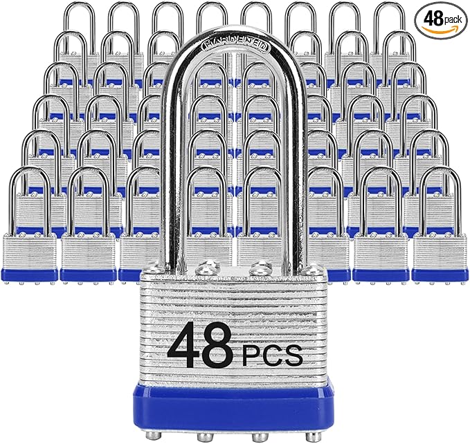 Padlocks with Same Key, LQYN 48 Pcs Laminated Keyed Padlock (1-9/16", 40mm), Keyed Alike Locks, Long Shackle, for Storage Locker, Hasp Latch, Toolbox, Sheds