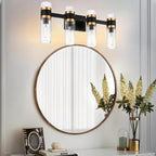 MELUCEE Bathroom Vanity Light Black 4 Lights with Ribbed Clear Glass Shade, Vanity Lighting Fixtures Over Mirror Farmhouse Bathroom Wall Lights for Powder Room Kitchen Foyer, E12 Base